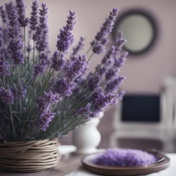 Concept of lavender flower in a hotel room, modern classic style, lavender colors