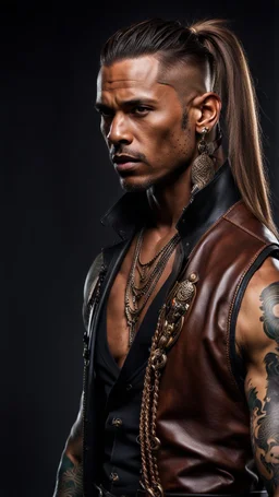 portrait of a 35 year old Handsome muscular male with dark bronze skin adorned with tattoos. His long light brown hair is tied back in a pony tail. He's wearing a leather vest and has a dagger which hangs from his belt. Dark fantasy. Hyperrealistic