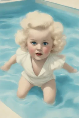 Illustration of jean harlow as a toddler, swimming pool, style of Marcel Marlier, pastel colors