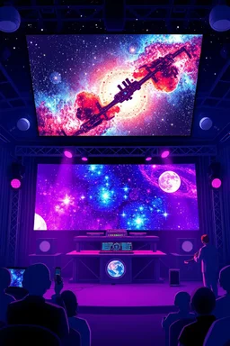 poster for a party with anime music videos galaxy theme dj on stage with big screen