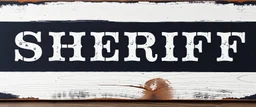 fill composition with large and wide historical hand painted old western sign that reads: "SHERIFF" white on black with inset white stripe boarder aged paint on wood sanserif