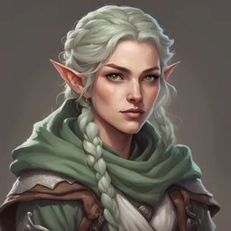dungeons and dragons; portrait; solid background; half elf; female; thief; cloak; mischief; ash colored hair; pale green eyes; braided hair