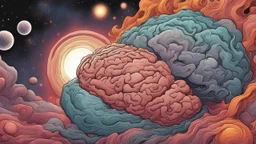 "Design a vibrant comic-styled artwork that captures the essence of a mighty brain, depicted as a tangible galactic entity. The brain itself should be intricately shaded to highlight its convoluted crevices, delicately lit by distant stars. The backdrop is to be an amalgamation of colourful swirling galaxies,