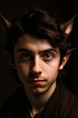 A portrait of a young elf, a wizard, spike ears, brown hair, Caravaggio style