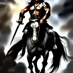 ultra detailed portrait of Conan the barbarian Riding a black horse, wearing armor and Sword, extremely detailed digital painting, extremely detailed face, in the style of robert e howard and Simon Bisley and Ashley Wood, mystical colors, rim light, beautiful lighting, 8k, stunning scene, raytracing,perfectly centered image, perfect composition