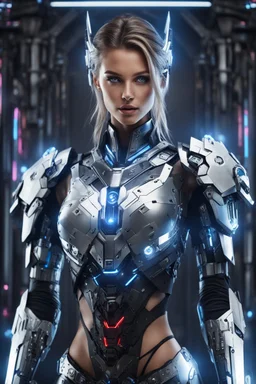 Photography Realistic super model Beautiful European woman as Dj player with body mecha|full armor|organ|mystery|runes|neon|light, imbalances, mutations, anomalies, natural beauty, sound system