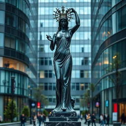 photo of a lady statue made of black marbel showing a goddoss love in a modern city center