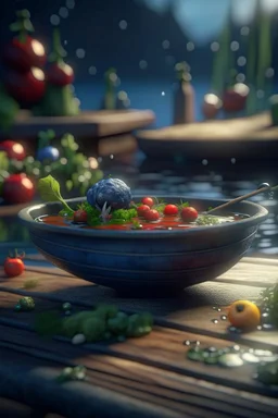 living vegetable on small raft with a bowl of magical fruit soup, in the style of fantasy movies, photorealistic, shot on Hasselblad h6d-400c, zeiss prime lens, bokeh like f/0.8, tilt-shift lens 8k, high detail, smooth render, unreal engine 5, cinema 4d, HDR, dust effect, vivid colors