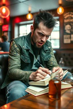 A very angry and bitter punk rocker sitting on a pub looking very angry, writing in his notebook new songs for his punk rocker band