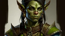 generate a dungeons and dragons character portrait of a female orc. She has green skin, black braided hair and blue eyes. She is wearing brown leather armour.