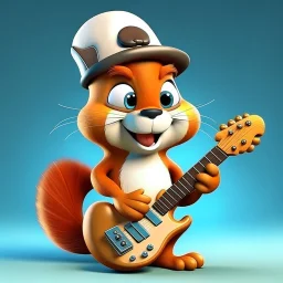 Cute squirrel. He is a delightful creature. Smiling. Imaginative and captivating our hearts with his vibrant beauty. He has big eyes that sparkle with kindness, innocence and joy. A wonderful cartoon character. He wears a black hat, jeans, a white shirt, and carries a guitar. An isometric cartoon character. Emphasis and focus on the character. amazing . Nice and innocent. Delightful. Fantasy graffiti style focus and precision on character. A simple yellow background, and at the same time attract