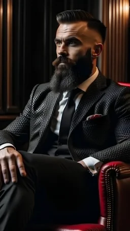 An elegant young man, with a black and white beard, wearing a suit, is sitting on an armchair 8k