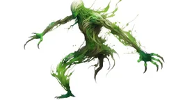 an abstract representation of a creature transforming, with limbs stretching and reshaping in various shades of green and brown, set against a soft white backdrop