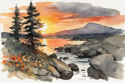 Amazing beautiful sunset, flowers, rocks, mountains, trees, epic, winslow homer watercolor paintings