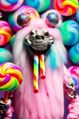 Muscular cotton candy werewolf made of candies and lollipops, sharp teeth, monstrous face, staring at you, drool dripping from its mouth