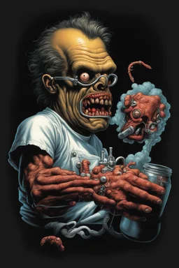 Science experiment Horror surgeon by Richard Corben, Todd Schorr, T-Shirt Design, Black Background