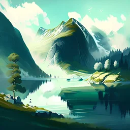 Create an illustration of a serene Norwegian landscape, with towering mountains, lush green valleys, and a tranquil fjord, capturing the natural beauty that inspires creativity.