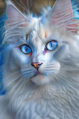 Attractive white cat with blue eyes and white feathers around it