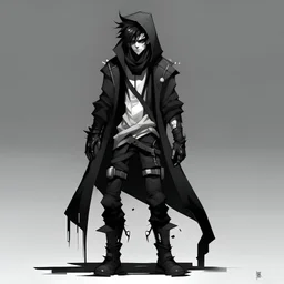 Animated person with Literally white skin, short and messy hair that is black with white streaks through it, wears spiked bracelet, a black hooded cloak/jacket made of leather and metal, black boots, and black cargo pants with silver buttons