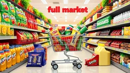 A design for a supermarket called (full market) filled with various fruit juices, chips, Fanta, Coca-Cola, and Sprite soft drinks, various chocolates, packaged cheeses, butter, and pasteurized milk, and a shopping cart filled with supermarket products in the center in happy, vibrant, and eye-catching colors.