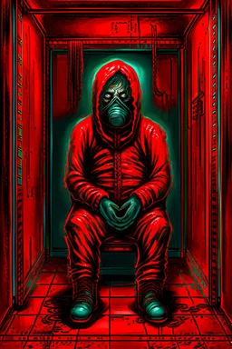 A scary gothic person sits quietly in the middle of a soundproof, padded room conveying intense dramatic emotions in a muted environment, wearing a bright red straitjacket , a mask to cover the mouth area of cannibal evil scary, dark and gothic look, cold eyes, eary ultra detailed,.32k, digital art style with messy paint, hardened sealer appearance, impasto, dramatic Arial view with explosive chaotic background