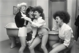 lesbians making fun at Exhibition of historical toilet humps [photo from Blame it on Ginger (1986)]