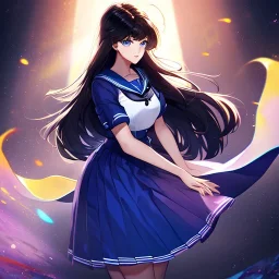 Clear focus, High resolution, girl wearing a purple sailor moon outfit, long fluffy black hair, blue eyes, wearing a sailor uniform skirt including color and length