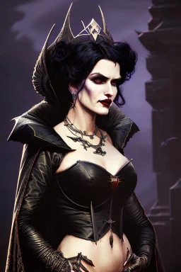 painting of morrigan hel as evil queen in black leather gown, feminie, angry, stern look on her face, emperious, highly detailed, digital painting, artstation, concept art, smooth, sharp focus, illustration, art by gaston bussiere and alphonse mucha