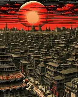 A dark brownish scarlet urban city with warped moons painted by Utagawa Hiroshige
