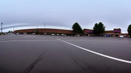 wide angle shot of crying woman driving through parking lot away from visible hotel building