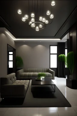 interior, reception,design, lighting from below, director's table, sofa, greenery, strong lighting, walls and ceiling. The room has four doors, one window, room 5 by 5 meters, decorated in gray tones, which creates a modern and stylish look