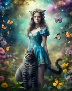 Photography Fantasy art a beautiful a girl and cat, fullbody,wonderland park,butteflies,fully flora and fully fauna.Style : Cosmic space,Detail photo, Digital photography