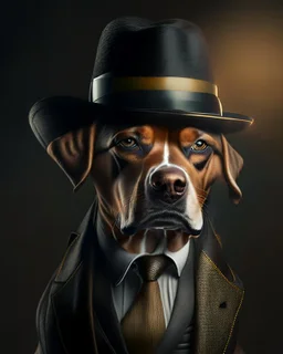 Hombre cara de perro con traje sombrero elegante detallado cuerpo humano completo pantalones zapatos 4k