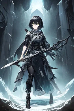 Anime girl with short black hair and sharp green eyes holding a spear, full body black and white metal plate armour, full body shot, Dramatic lighting,1woman, soaked in blood, Warrior, standing pose, One weapon