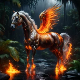 Hyper Realistic Crystal-Fire-horse-with-golden-horn & fire-wings inside a jungle at dark rainy night showing dramatic & cinematic ambiance.