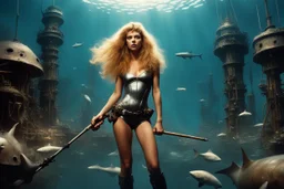 [new wave of british heavy metal] Barbarella, a fishing rod in hand, stands in murky waters of a post-apocalyptic underwater city. surreal scene , dreamlike, metropolis submerged in chaos , blood and danger. in the sunsets she stands with a fierce sense of power, surrounded by circling sharks. The sharks' teeth moving in the light, add to the tension. weirder the better. Bigger monsters. Stronger hero