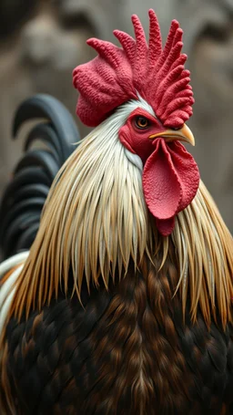 A rooster with human look face and long hair and beard looks like an ancient Sumerian gods