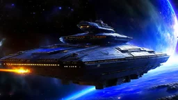 full length picture featuring an advanced and imposing futuristic spaceship warship aircraft carrier , set against a dramatic cosmic planets backdrop with vibrant nebulas and starfields. Enhance the visual impact by including dynamic lighting effects, such as glowing engines or weapon systems, and add smaller spacecrafts engaged in a high-speed chase or battle to convey a sense of action.