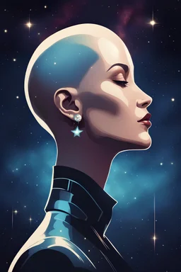 Make a portrait of a androgen woman bald face profile silhouette, she's looking up , using star earring, retro futuristic style, galaxy background, Art Deco 2d