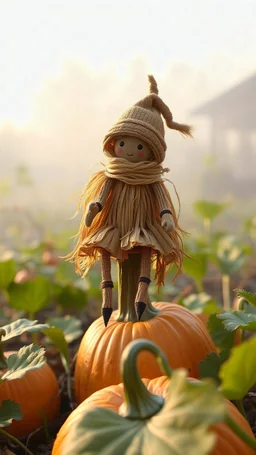 A little figure formed from dried corn husks, sitting on a pumpkin stem in a rustic garden patch, with the soft glow of early morning mist surrounding them.