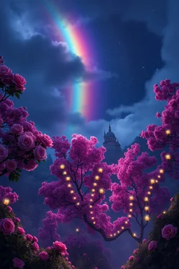 nighttime, rainbow dome among rose trees, forest, trees, flowers, fairy lights, night, 8k, high quality, trending art , sharp focus, studio photo, intricate details, Bosch painting style highly detailed, clouds and fog