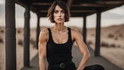 beautiful caucasian female, black tank top, well toned muscles, scratched sand camo metal details, short brunette wavy bob haircut, dystopian, desert scene