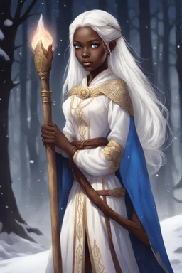 sixteen-year-old sorceress, dark skin, blue eyes, straight and long snow-white hair, dressed in an aristocratic tunic, carrying a long wooden staff