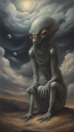 oil painting, Believing the strangest things, loving the alien And your prayers they break the sky in two