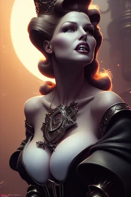 Rita Hayworth as evil queen in black leather, leather, busty, cleavage, angry, stern look. character design by cory loftis, fenghua zhong, ryohei hase, ismail inceoglu and ruan jia. unreal engine 5, artistic lighting, highly detailed, photorealistic, fantasy