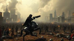 cyberpunk interpretation of Bruegel's "The Triumph of Death", capturing the symbolic "harvest" of humanity. this is terror. A dystopian metropolis under smog sky, where cybernetic soliders reapers are executing physical harvest and many of humans citizens killed army of cyberwarrior androids and robotic, many panicking running people, many bodies lying on the ground. a cyber-death warrior in black hood with futuristic gun on an mechanical robotic horse, thriller, detailed, cinematic