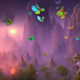 psychedelic giant insects and tiny flying butterflies and lost city in the background 3D mystic ambiance