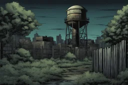 night, watertower, overgrown apocalyptic city background, comic book, fence