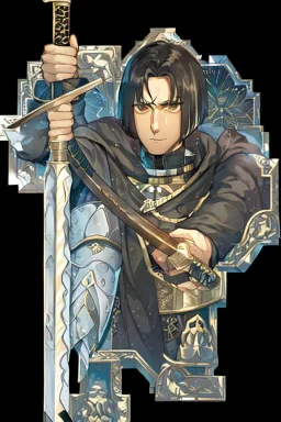 A handsome 30 year old knight, black hair, male bob haircut, in black-and-gold plate armor, golden katana in both hands, no beard, european, proper arms