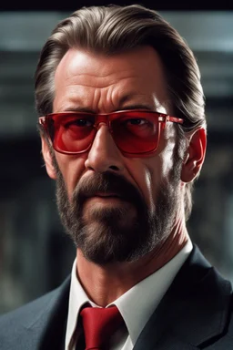 an muscular and menacing Hans Gruber wearing red-tinted glasses